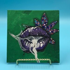 6”x6” Original Hand Painted Stretched Canvas Board w/Smoking Lips. Acrylic.